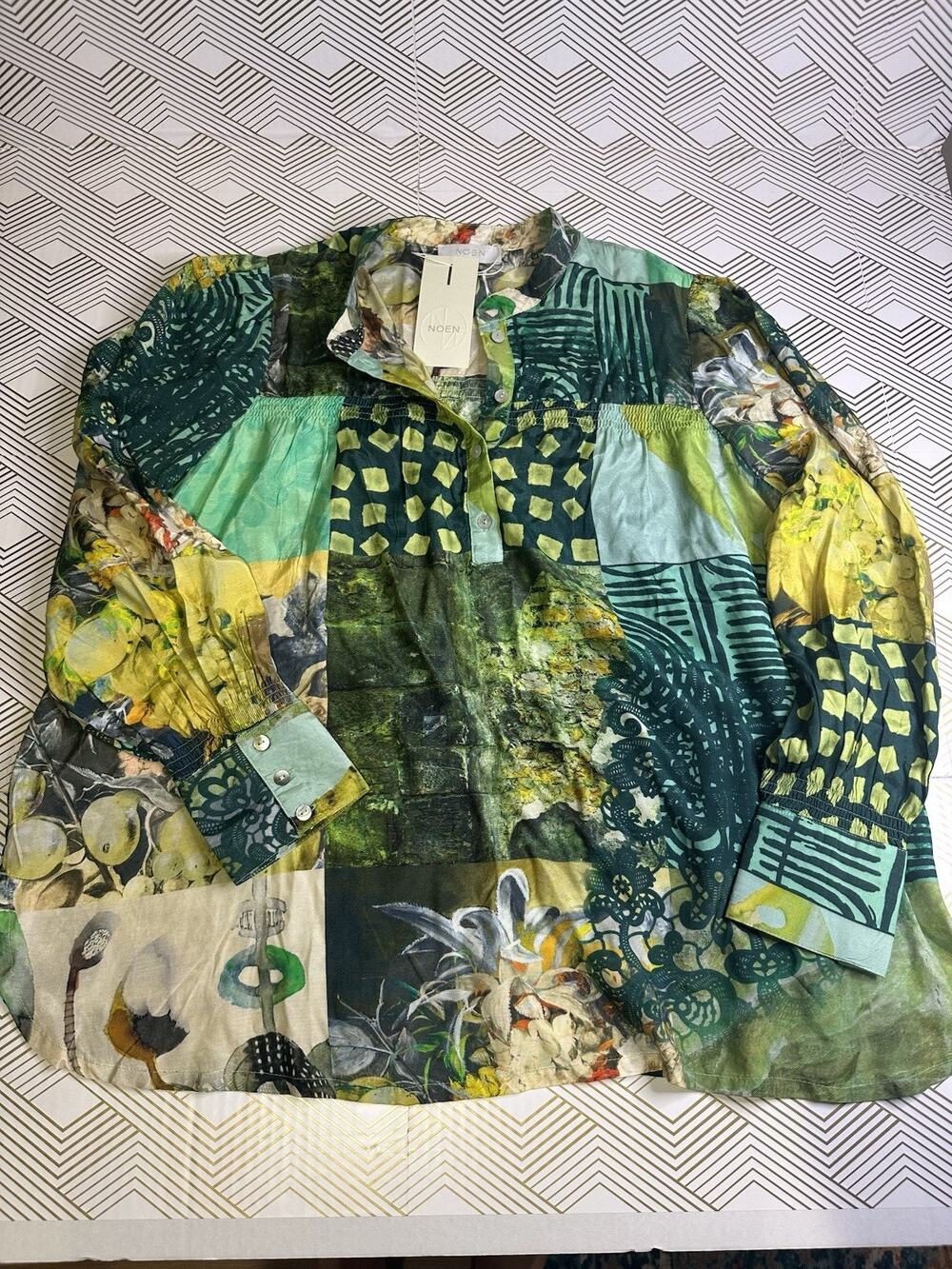 NWT Noen brand patchwork blouse, vibrant green viscose print with henley collar